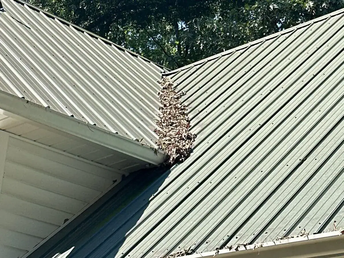 Green standing-seam metal roof panels meeting at the valley