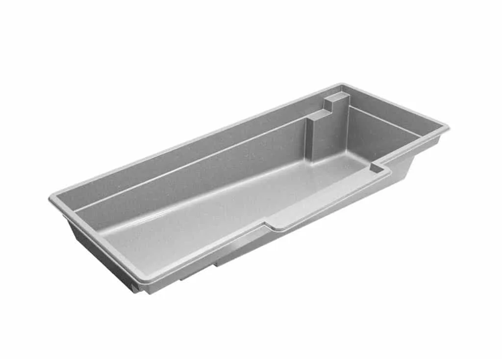 Latham Tuscan 14.30 fiberglass pool shell render, 30.08' × 13.75'